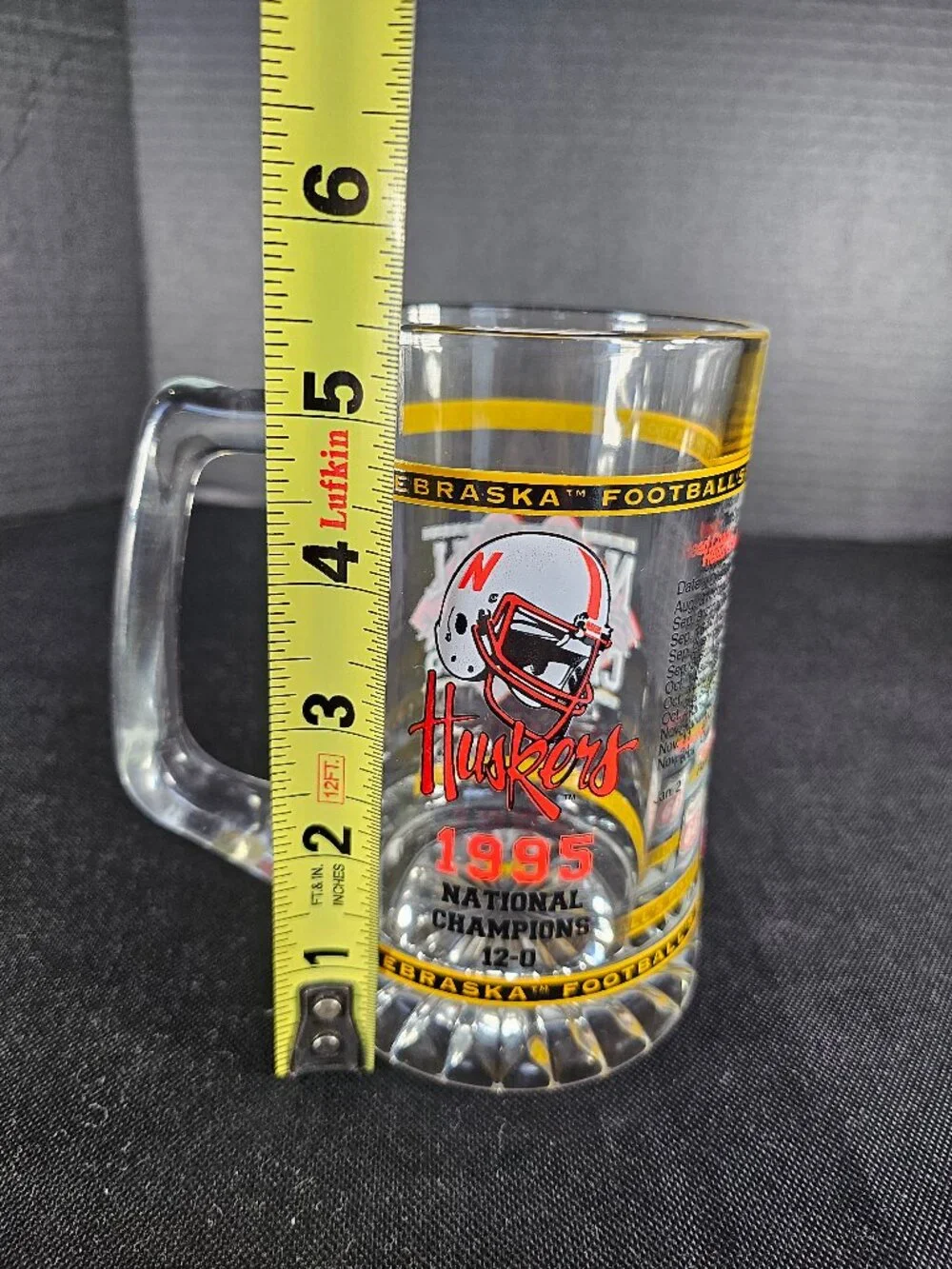 Vintage 1995 Nebraska Huskers National Champions Glass Beer Mug Tom Osborne 12-0